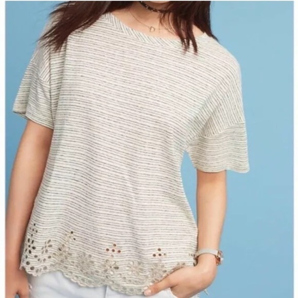 ANTHROPOLOGIE Postmark Striped Eyelet Hem Top - Picture 1 of 8